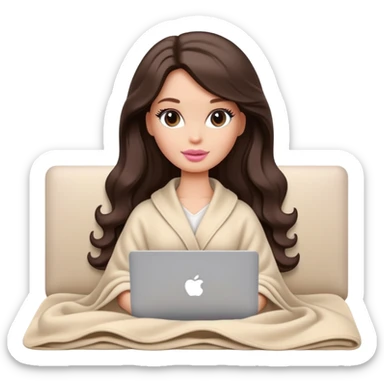 Barbie girl with a long wavy dark brown hair in pale beige clothes inside a pale beige blanket working macbook  sticker