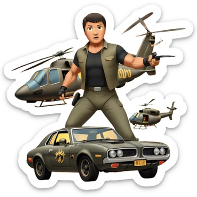 Icon for Action Movie: A vintage movie poster-style design featuring intense action scenes with explosions, weapons, and dramatic poses of Stallone. Include cars and helicopters flying out of flames in the background. Bold typography and retro cinematic style. Transparent background. sticker