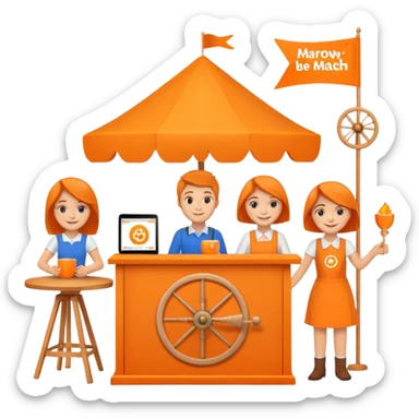 emoji of a recruitment booth. Two cartoon figures stand behind an orange colored table with 'MARROW, be a match' branding, a colorful spinning wheel, and a branded vertical banner. Simplified and cute. sticker