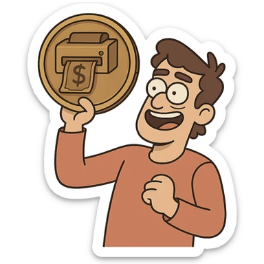 round coin featuring a stylized money printer, embossed effect, flat toon style sticker