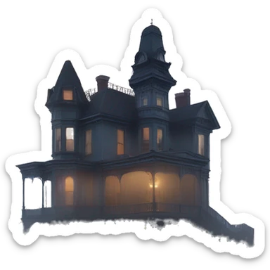 A ramshackle Victorian mansion looms through dense fog at dusk  sticker