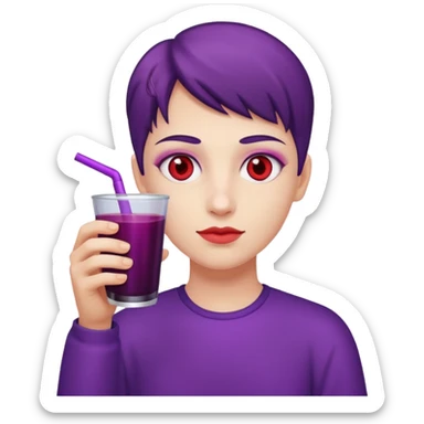 Low red eyes holding a cup wit purple juice sticker