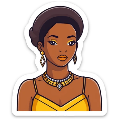 beautiful, curvy African American woman with dark brown skin, straight black hair, bold makeup, gold jewelry, diamonds, confident pose, inspired by Bratz doll sticker