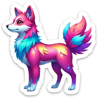 Vibrant multicolored neon-colored Falvie-Fionbri-creature-sparkle-dog-fursona, full body sticker