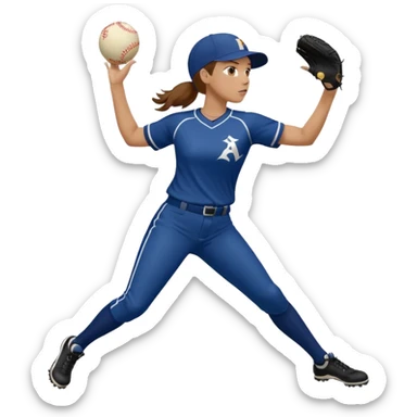 Softball pitcher pitching the ball from side view with brown hair and dark blue jersey and no hat sticker