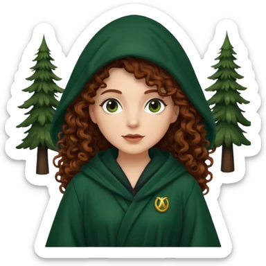 A white woman, a little thicker, with long dark auburn hair robed and hooded like she's a Traitor in the tv show The Traitors. her hair is mostly curly (kinda frizzy, not clean curls) and the robe is a dark dark forest green green sticker