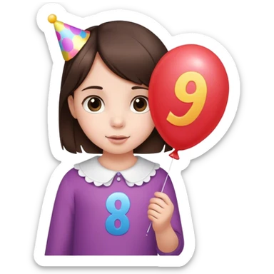 Little brunette girl with a birthday balloon that has a 9 on it sticker