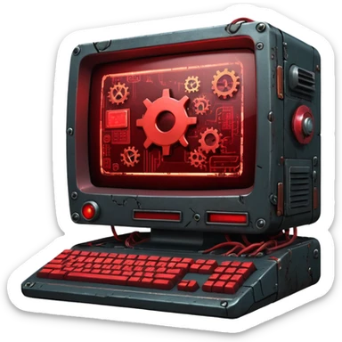Old cyberpunk computer filled with junk drives and corrupted code, glowing error lights, sparks flying as gears grind and malfunction, interface full of broken UI elements and trash icons, dark gritty sci-fi setting, detailed close-up sticker