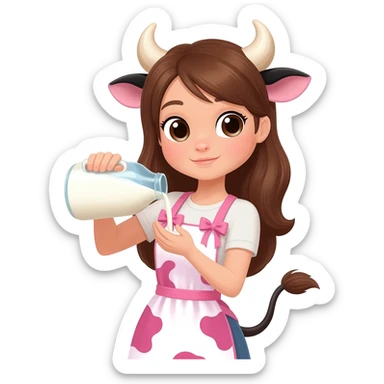 pretty woman with cow horns and cow ears and cow tail in cute apron with pink cow print and ribbons pours milk sticker
