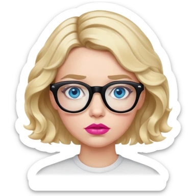 Blonde woman with short wavy hair, blue eyes and pink lips wearing black glasses looking like she is going to be sick sticker