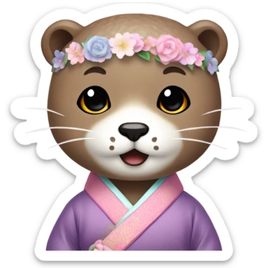An otter emoji face dressed in pastel-colored traditional Korean hanbok sticker