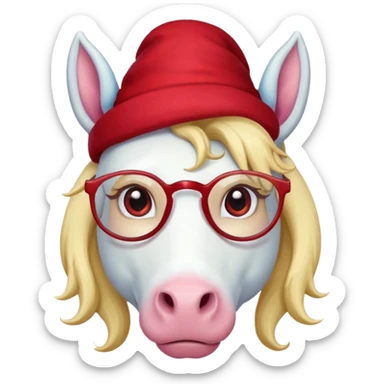 unicorn face cute wearing cute red hat, horn piercing through the hat looking in the camera, blond hair and spectacled. with big horn sticker