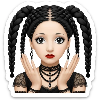 Lene Lovich as seen on the Stateless album cover with a typical symmetrical pose with her hands, lots of lace and braided hair sticker