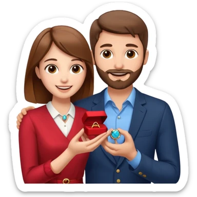 A brown haired man with a short beard proposing to a brown haired girl with a ring box sticker