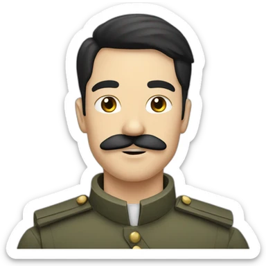 White man with square moustache, black hair, soldier sticker