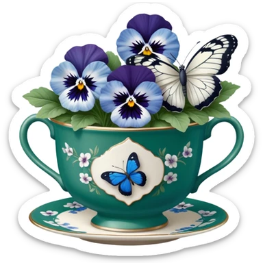 A cluster of blue and white pansies in an antique green porcelain cup, with a blue butterfly gently landing on a petal sticker