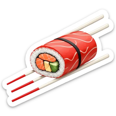 Japanese cuisine humanless avatar in minimalist emoji-style illustration. Sushi, roll and 2 chopsticks, clean lines, red white colors, flat design, calm and modern. sticker