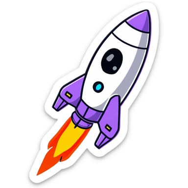 A cute sticker-style space rocket with a smiling face and bright flame trail sticker