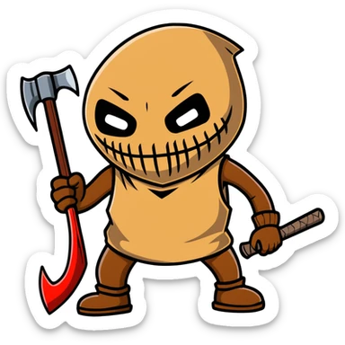slasher film character with dirty burlap sack mask and axe sticker