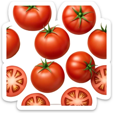 Cinematic juicy ripe tomatoe, deep red, slightly dewy, arranged on a wooden cutting board, soft glowing background, rich and flavorful. sticker