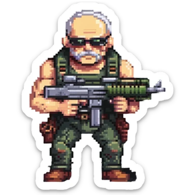 old skinny tough charismatic character from STALKER with a big machine gun sticker