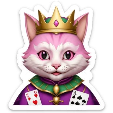 court jester cat medieval, single poker card joker clearly visible, pink, face only sticker