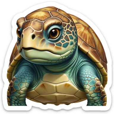 Cinematic Realistic Noble Sea Turtle Portrait Emoji, Poised and dignified, with a robust, time-worn shell intricately patterned in earthy tones and a weathered, wise face with deep, observant eyes, rendered with lifelike texture and natural, diffused light; high shine, intelligent and serene, styled with an air of oceanic majesty, focused and attentive, soft glowing outline, capturing the essence of a watchful and confident sea turtle that appears to glide out of the screen with timeless authority! sticker