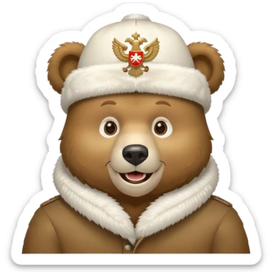 Cartoon Russian bear head wearing white furry ushanka with double-headed eagle emblem centered on the hat, iOS emoji style sticker