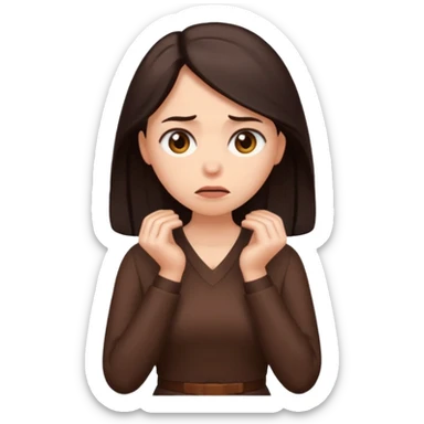 =Cartoon emoji of a woman with long, loose dark hair, wearing chocolate-colored clothes. Full-height, standing, nervous, unsure, worried expression. Slightly hunched, anxious posture. Smooth, simple, stylized sticker