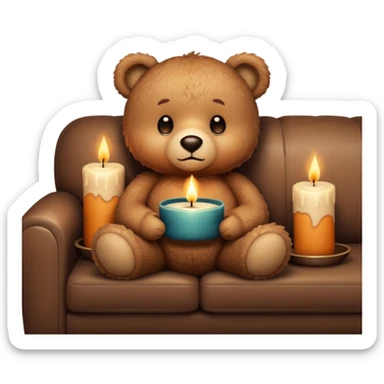 Cozy teddy bear watching tv on couch with candles on sticker