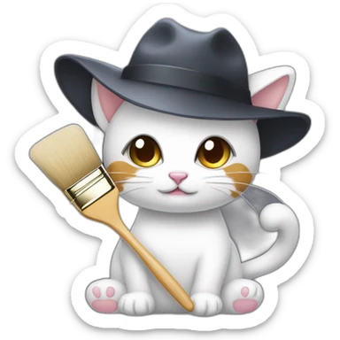 Kawaii cat artist in hat holding palette and brush so it can be used as a mouse cursor sticker