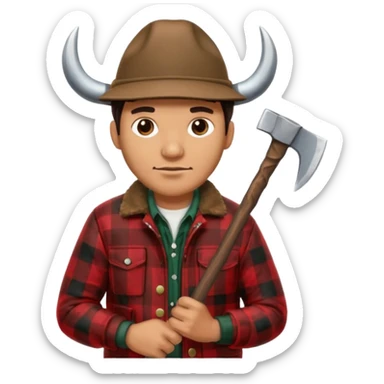 Man wearing buffalo plaid jacket and hat, with an 🪓  sticker