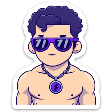 shirtless male athlete with white skin and moderately curly black hair on top with shaved sides, wearing purple sunglasses with black tinted lenses and a shiny black necklace sticker