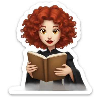 a witch with red lips, red curly hair to the shoulders reading a book and drinking a cup of coffee sticker