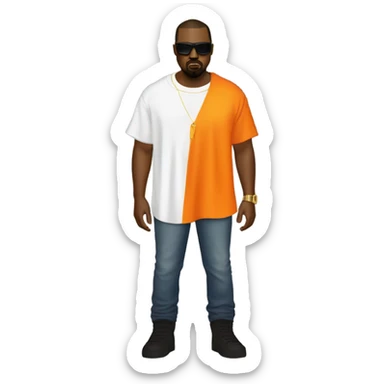Kanye West vestido con una camiseta que tenga un zorro y que sea naranja sticker