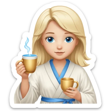 angelic blonde girl with middle length hair and blue eyes holds a cup in a robe sticker