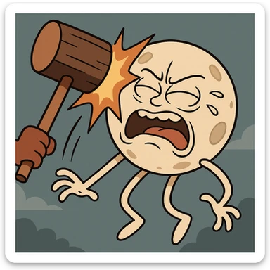 a full moon with a mallet bonking it, exaggerated impact, cartoon style sticker