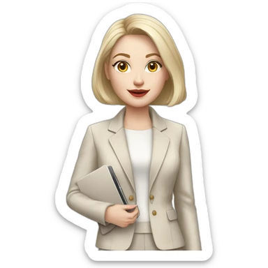 pale skin woman with ash blonde Straightened bob Hair, White Spacious classical jacket, beige palazzo Arrow pants and gray blouse holding a MacBook in the hands sticker
