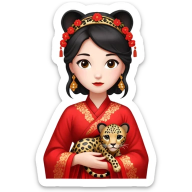 A beautiful girl in red Hanfu wedding dress is holding a black leopard sticker