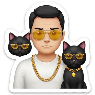 Freaky Larry is a cat with a gold chain and sunglasses standing behind a scared man with no facial hair. Make sure the cat is black sticker