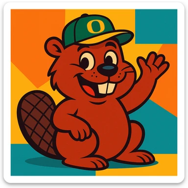 a beaver wearing an Oregon Ducks hat, playful style, vibrant toon sticker