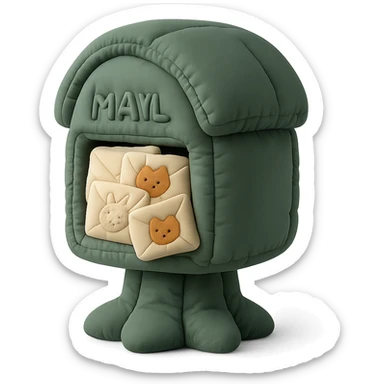 forest mailbox with tiny animal letters, cozy woodland theme, soft cushion style, plush and inviting sticker