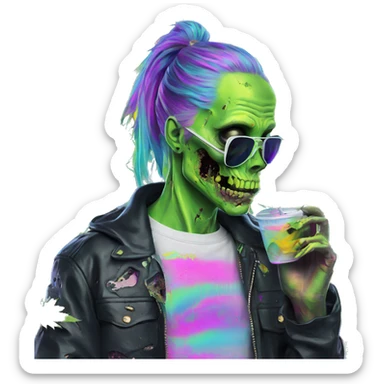 420 .Zombie_ Vaporwave black holographic oilslick zombie unicorn smoking yellow caution tape hemp leaves sticker