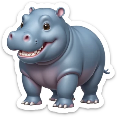 cinematic-hippo-realistic-full-body-side-view-standing-on-all-fours-emoji,-massive-round-frame,-wide-mouthed-grin-exposing-huge-teeth,-head-tilted-dramatically,-thick-greyish blue-hide-glossy, big cute eyes sticker