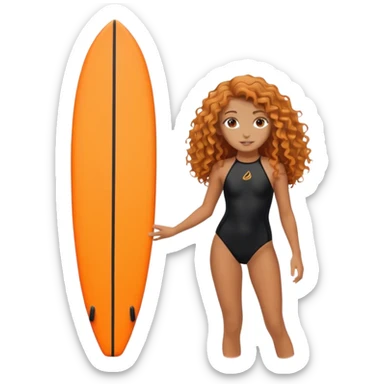 Surfer girl with black swimsuit and orange surfboard and long curly hair sticker