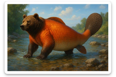 A bear with a salmon body and a beaver tail sticker