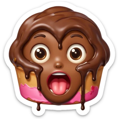 Funny cartoon chocolate mini pastry, wide shocked eyes, messy chocolate dripping, open mouth, chibi style, Twitch emoji style, transparent background, colorful
 sticker