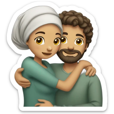 guy with beard and wavy hair hugging woman with headscarf sticker