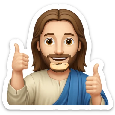 Smiling emoji version of Jesus pointing at the viewer with both thumbs up in both hands sticker