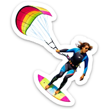 A vibrant kite soaring high in the sky, attached to a kiteboarder riding the waves below. The scene is filled with bright colors, capturing the energy of the sport. The background features the ocean, wind-blown waves, and a clear sky, showcasing the excitement and freedom of kiting. sticker